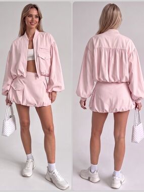 For Love And Lemons Elanah Pink Bomber Jacket & Bubble Mini Skirt SET NWT $408